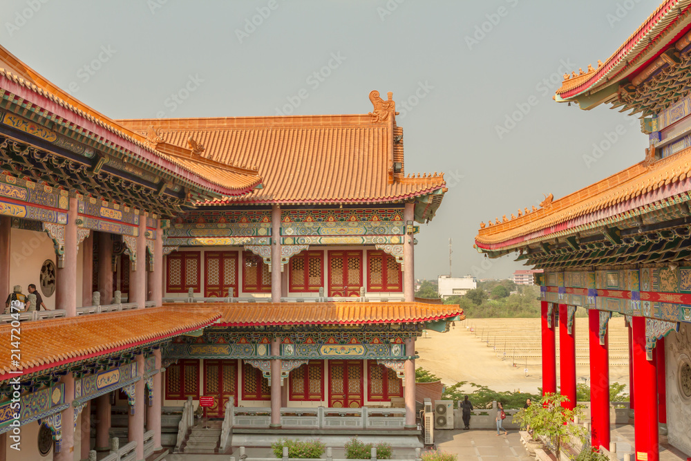 Fototapeta premium Group of chinese style building in Buddhist temple, Wat Borom Raja Kanjanapisek (Wat Leng Nei Yee 2), Chinese temple in Nonthaburi, Thailand