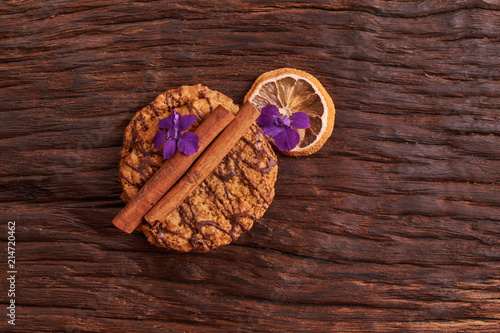 cookies and spring blue flowers Healthy morning breakfast concept. Minimalist. selective focus photo