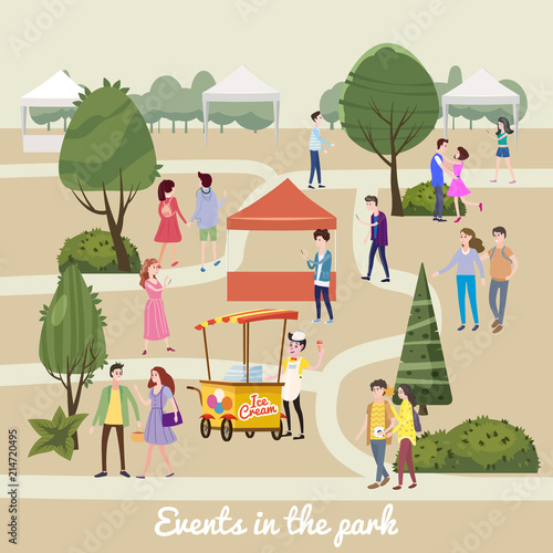 Modern flyer or poster template, Different various people characters, men and women in the park, outdoor festival with ice cream seller, walking people, buying and selling goods at park. on vacation