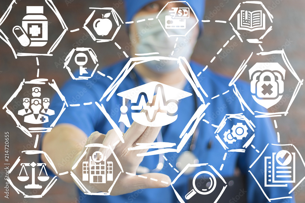 Medical Learning concept. Doctor clicks a student hat with heart pulse