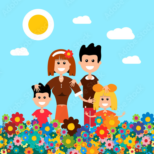 Happy Family on Flower Meadow. Field with Flowers with Smiling People Vector Illustration.