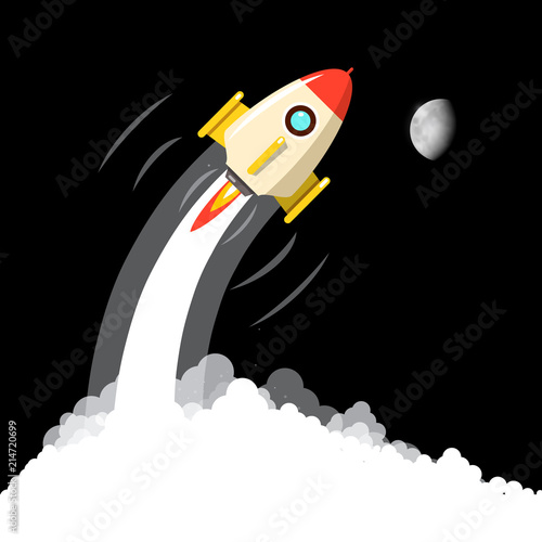Rocket Launch with Moon on Night Sky. Vector Business Startup Design.