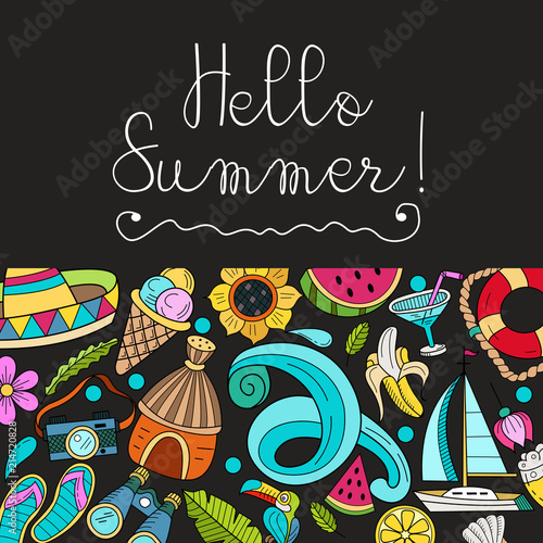 Cartoon hand drawn poster consisting of individual elements. Summer, rest, sea, rest. Vector illustration. © katedemian