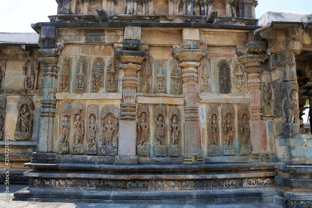 Ornate wall panel reliefs depicting Hindu deities, Ranganayaki, Andal, temple, Chennakesava temple complex, Belur, Karnataka. South wall.