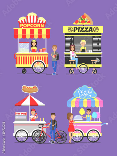Street Carts with Food with Vendors in Aprons