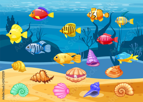 Cartoon Vector game icons with seashell, Colorful coral reef tropical fish, pearl, background underwater, for match three game, apps on white background. Isolated elements.