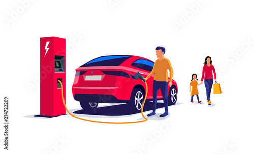 Red electric suv family car charging at the charger station. Father holding the cable and mother with child coming from shopping. Isolated flat vector illustration on white background.