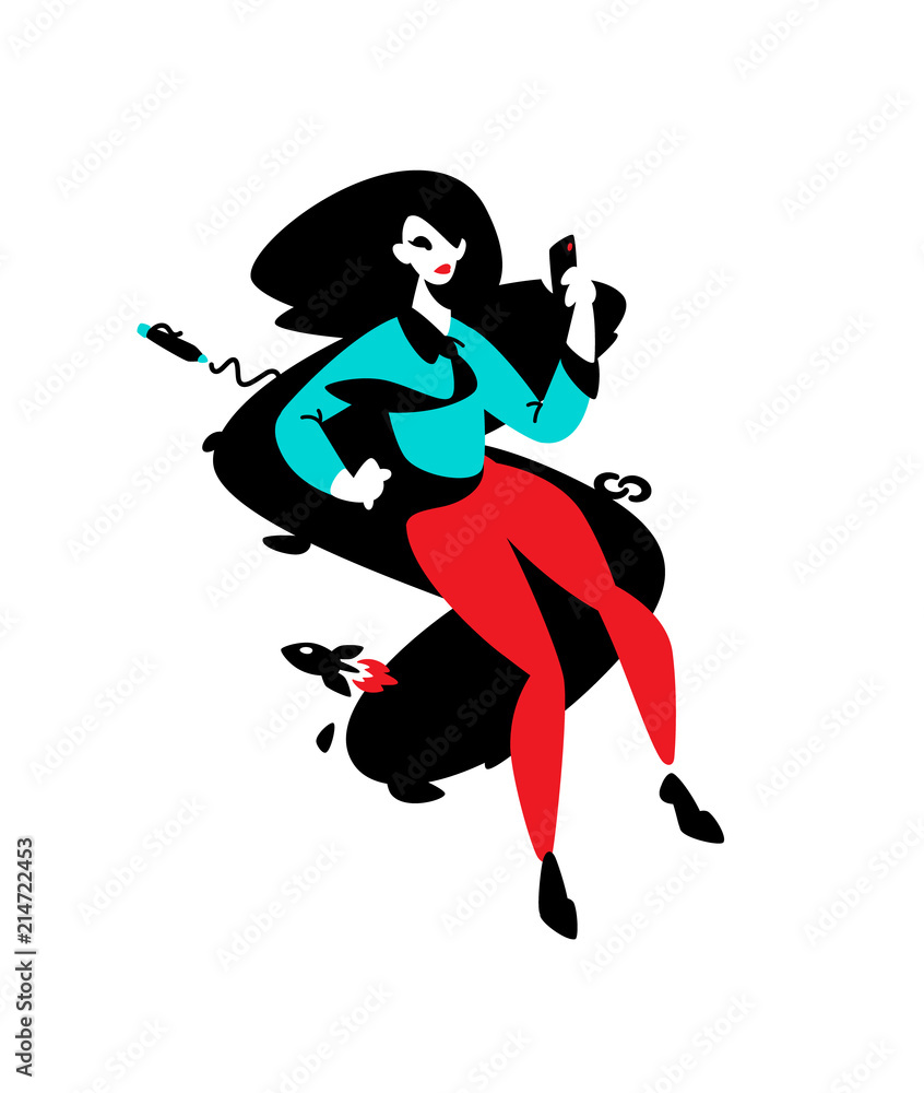 Illustration of a girl with a phone on the background of the letter S.  PR specialist, advertiser. Project Manager. Character for the site and print. Icon of the company employee.