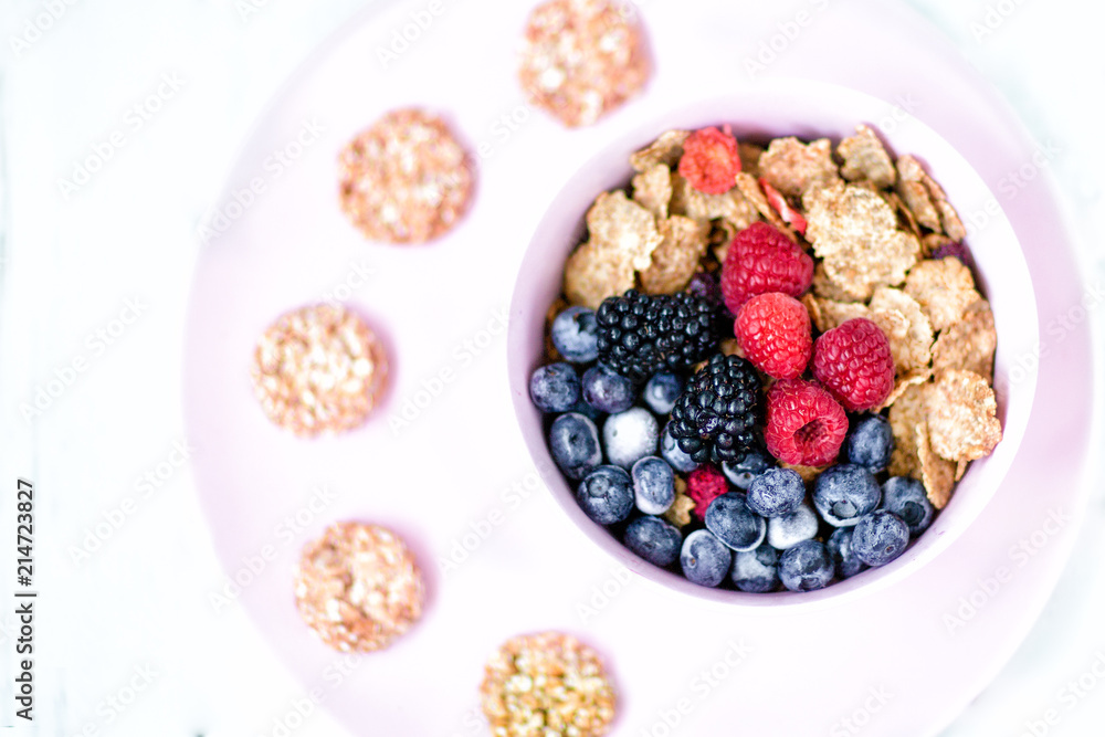 A healthy Breakfast of flakes and berries .biscuits from flakes A healthy Breakfast of flakes and berries .biscuits from flakes