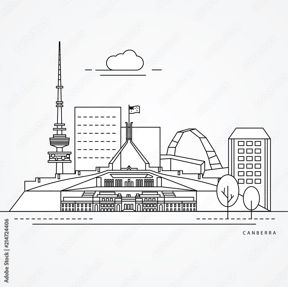 Linear illustration of Canberra, Australia. Flat one line style. Trendy vector illustration. Architecture line cityscape with famous landmarks, city sights, design icons. Editable strokes