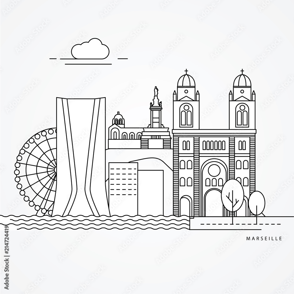 Linear illustration of Marseille, Frances. Flat one line style. Trendy vector illustration. Architecture line cityscape with famous landmarks, city sights, design icons. Editable strokes