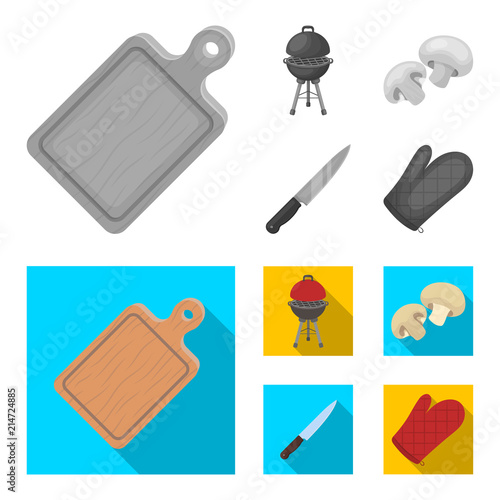 Barbeque grill, champignons, knife, barbecue mitten.BBQ set collection icons in monochrome,flat style vector symbol stock illustration,web