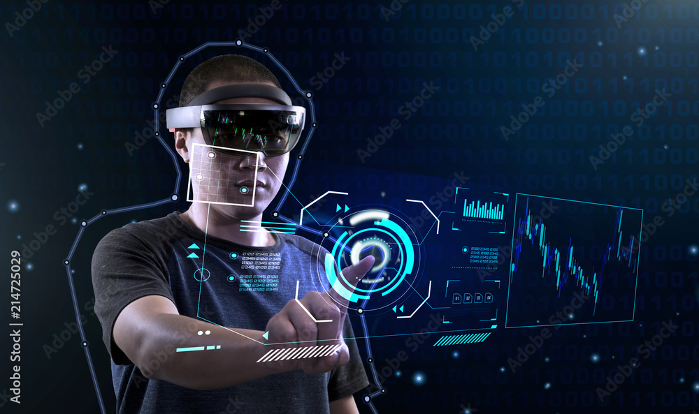 University student trying Virtual Reality with Microsoft hololens |  Controlling interface panels like Iron Man with VR gear foto de Stock |  Adobe Stock