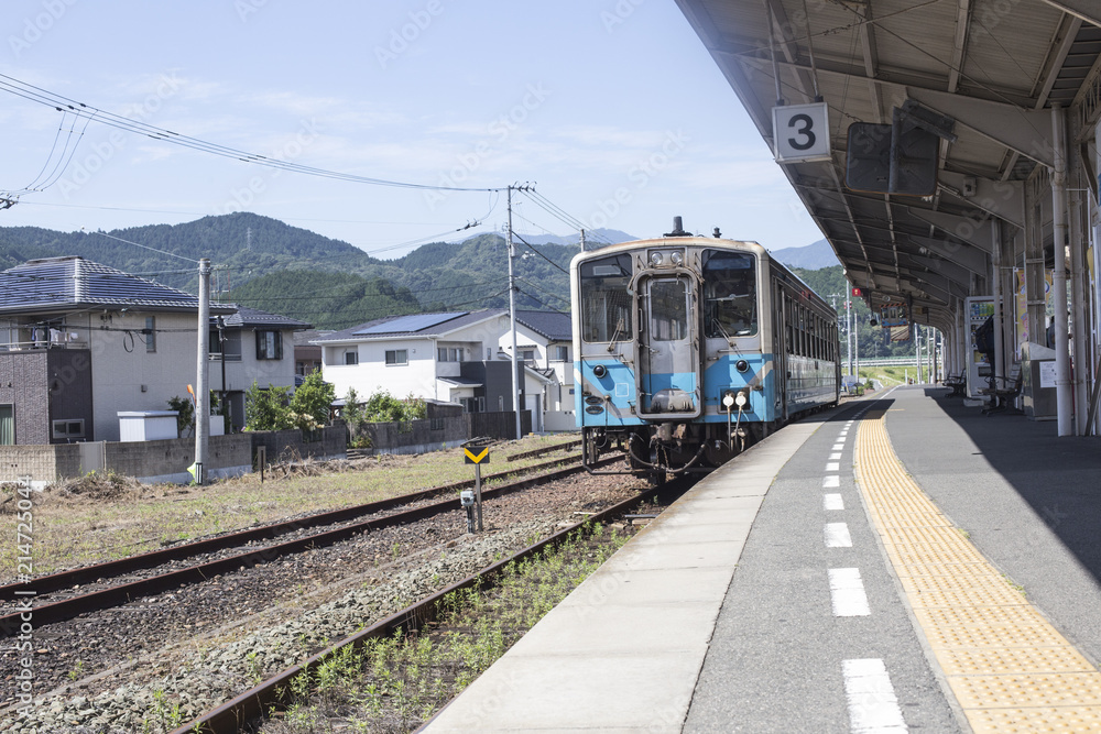 A local train arriving at a small station