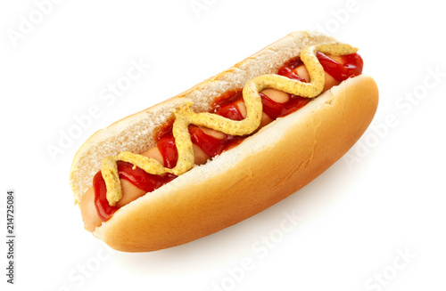 Fotografiet American hot dog with ketchup and mustard isolated on white background