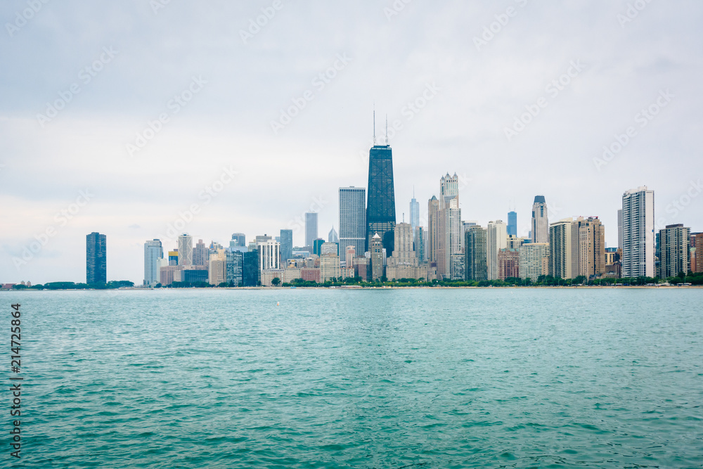 The Chicago skyline, seen from North Avenue Beach in Chicago, Illinois.