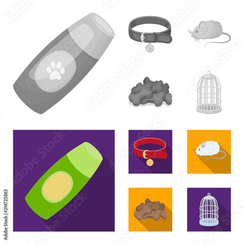 A collar, a forage, a toy, a cage and other products of the zoo store.Pet shop set collection icons in monochrome,flat style vector symbol stock illustration web.