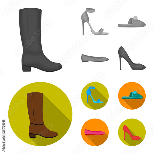 Blue high-heeled sandals, homemade lilac slippers with a pampon, pink women ballet flats, brown high-heeled shoes. Shoes set collection icons in monochrome,flat style vector symbol stock illustration