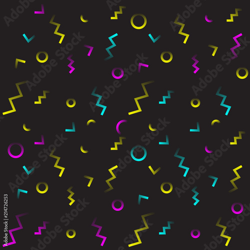 Memphis style vector pattern with neon glowing geometric shapes.