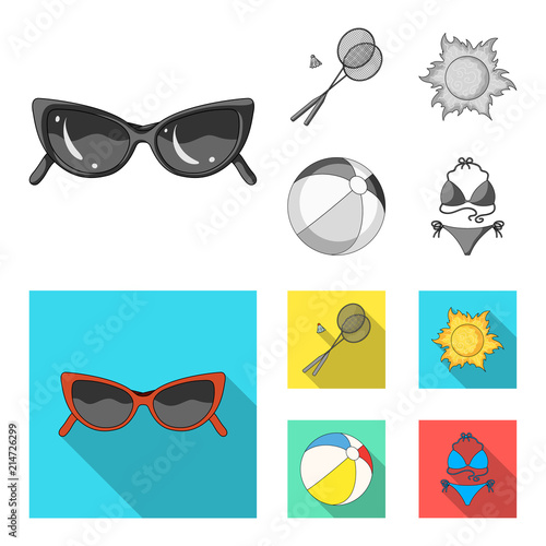 A game of badminton, a ball and the sun.Summer vacation set collection icons in monochrome,flat style vector symbol stock illustration web.