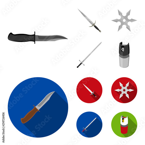 Sword, two-handed sword, gas balloon, shuriken. Weapons set collection icons in monochrome,flat style vector symbol stock illustration web.