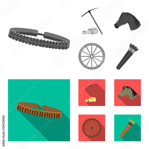 Pickax hoe, horse head, wheel cart, quiver with arrows.Wild west set collection icons in monochrome,flat style vector symbol stock illustration web.