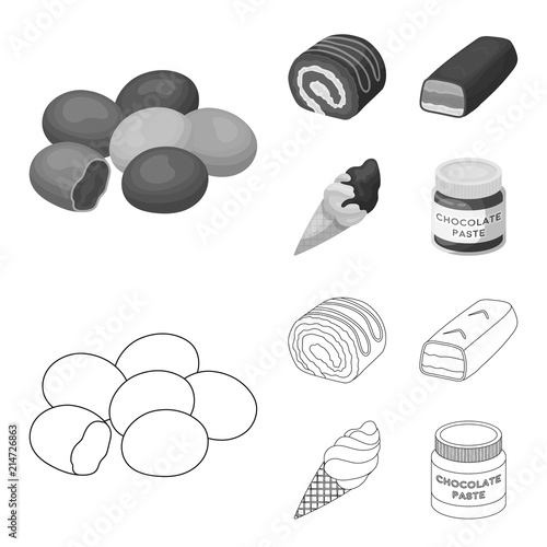 Dragee, roll, chocolate bar, ice cream. Chocolate desserts set collection icons in outline,monochrome style vector symbol stock illustration web.