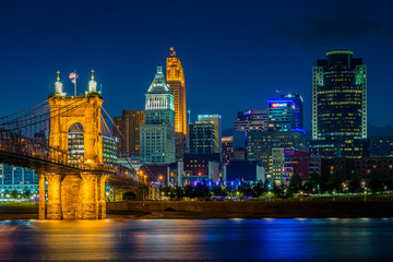 The Cincinnati skyline and Ohio River at night, seen from Covington, Kentucky,