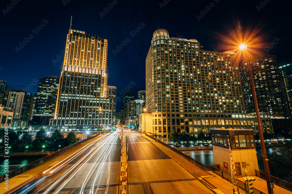 The Columbus Drive Bridge over the Chicago River at night, in Chicago, Illinois