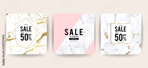 Marble and background design for banner or poster with marbling texture , Geometric style gold and rose gold details for summer and winter season sale marketing.