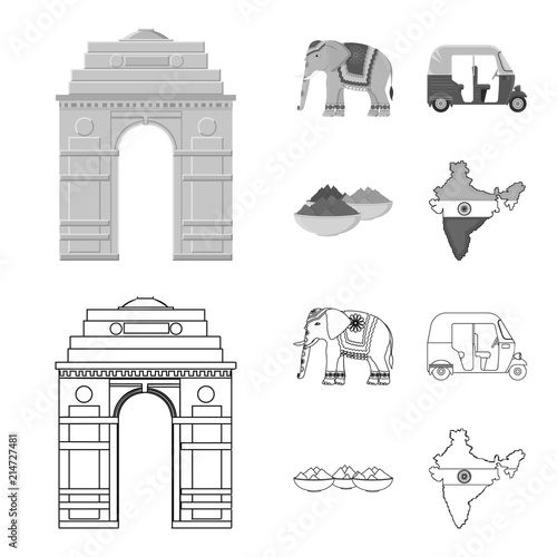 Country India outline,monochrome icons in set collection for design.India and landmark vector symbol stock web illustration.