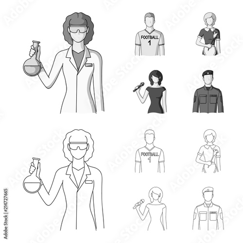 Woman chemist, football player, hotel maid, singer, presenter.Profession set collection icons in outline,monochrome style vector symbol stock illustration web.