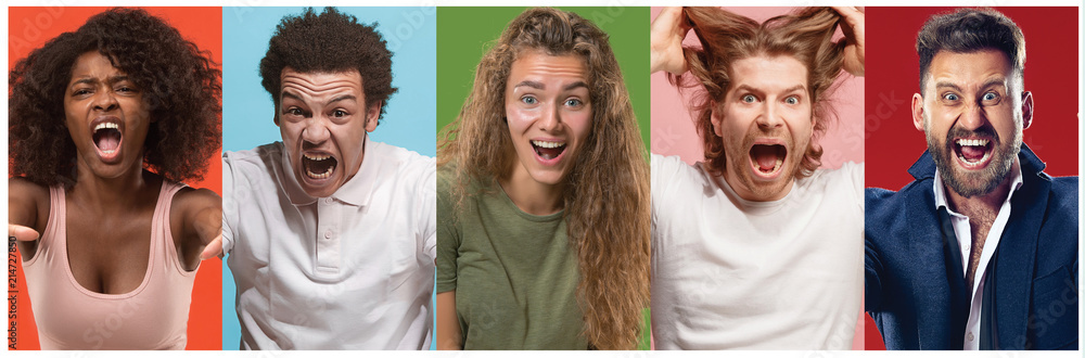Angry people screaming. The collage of different human facial ...