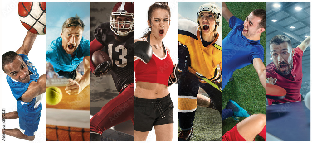 Sport collage about soccer, american football, basketball, tennis, boxing, field hockey, table tennis
