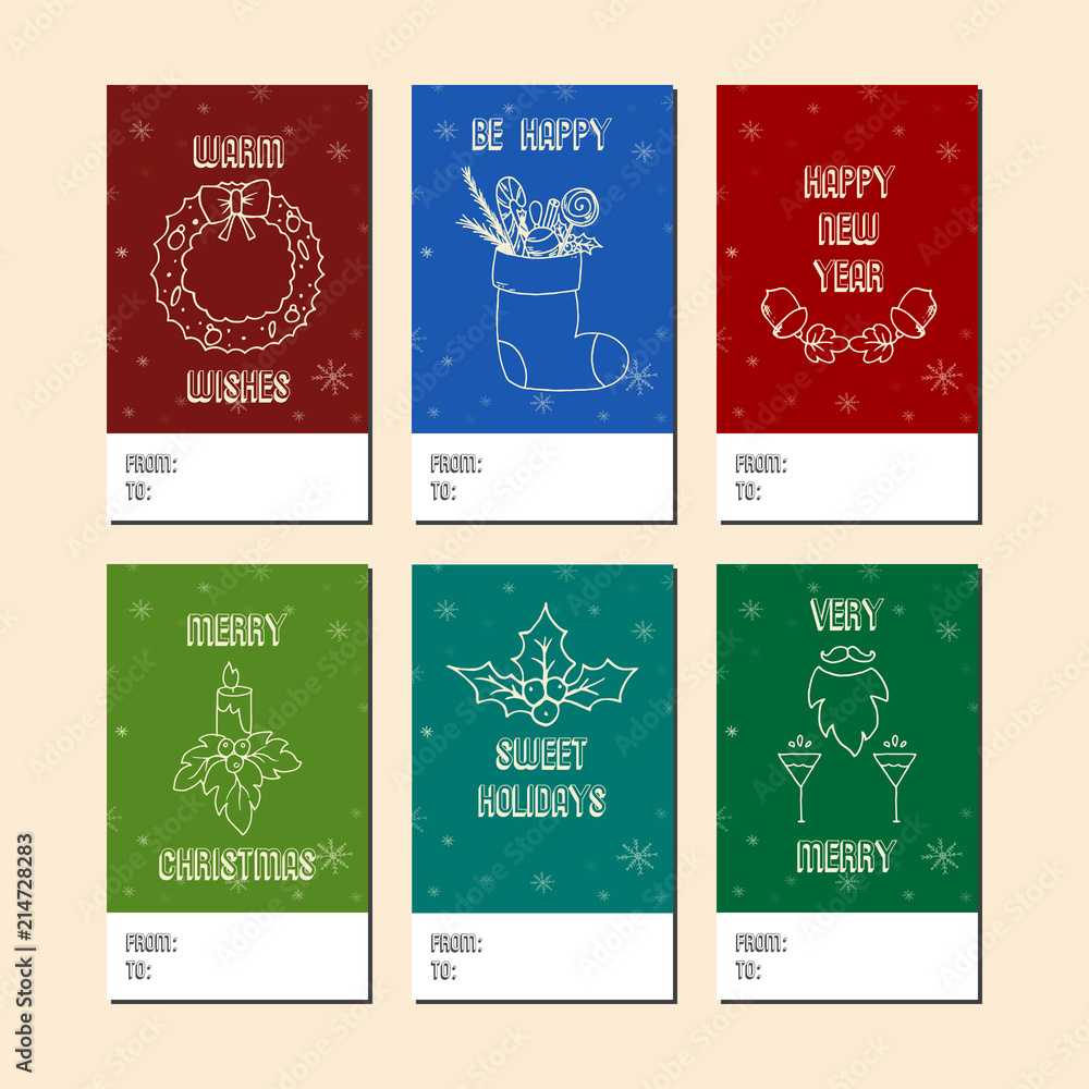 Christmas greeting cards, hand drawn elements.