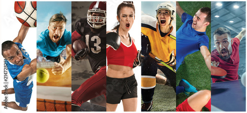 Sport collage about soccer, american football, basketball, tennis, boxing, field hockey, table tennis
