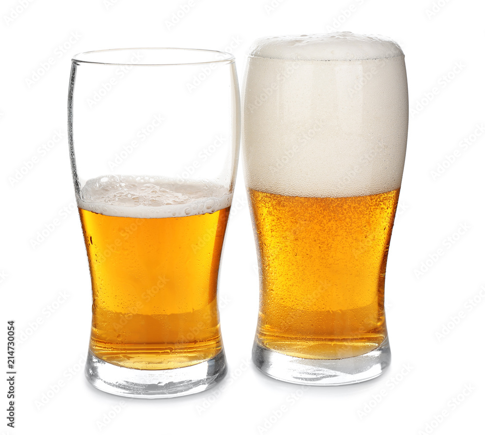 Full and half-filled glasses of cold beer on white background Full and half-filled glasses of cold beer on white background