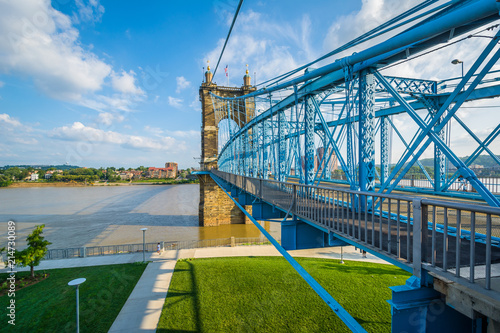 The John A. Roebling Suspension Bridge, seen from Smale Riverfront Park, in Cincinnati, Ohio.