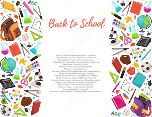 Fototapeta Naklejka Na Ścianę i Meble -  Hand drawn school objects in vertical composition. Vector illustration of school accessories isolated on white background. Back to school.