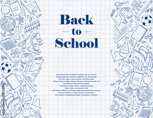 Hand drawn school objects in vertical composition. Vector illustration of school accessories ihand drawn on notepad sheet. Back to school poster on notepad squared sheet.