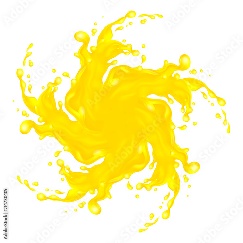 Orange splash and drops flow in a circle on a white background. Orange juice frame. Vector illustration.