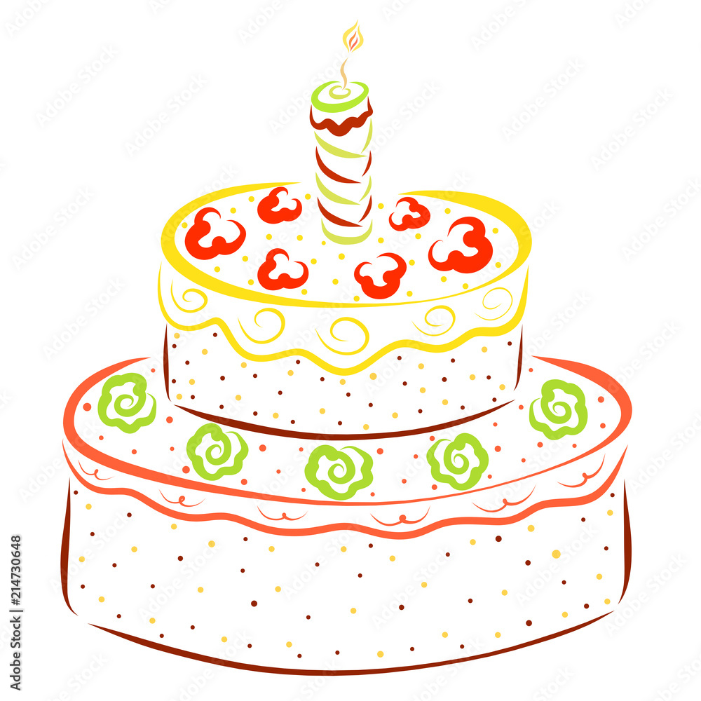 Festive cake with decoration and a burning candle Festive cake with decoration and a burning candle
