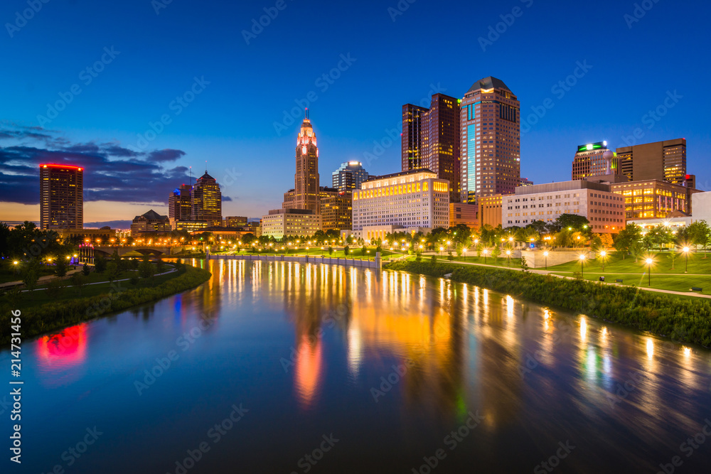 The Scioto River and Columbus skyline at night, in Columbus, Ohio.