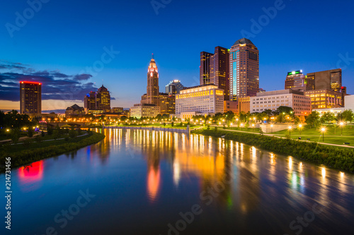 The Scioto River and Columbus skyline at night  in Columbus  Ohio.