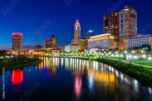 The Scioto River and Columbus skyline at night  in Columbus  Ohio.