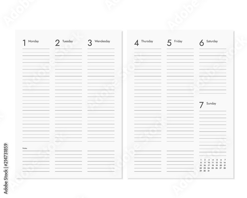 Realistic blank diary pages with weekly and monthly calendar