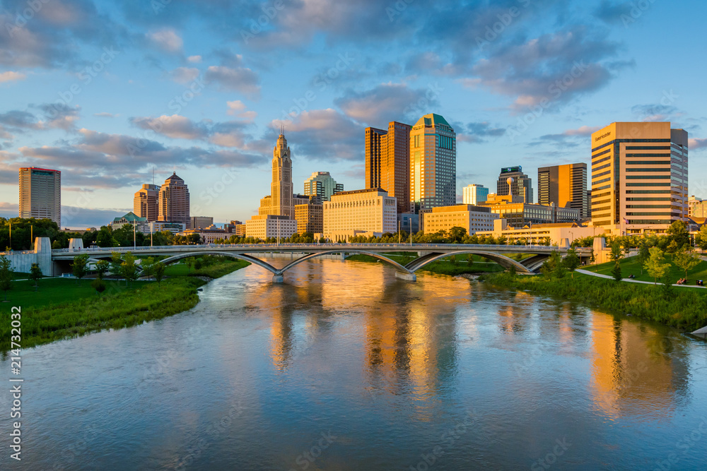 The Scioto River and Columbus skyline at sunset, in Columbus, Ohio.