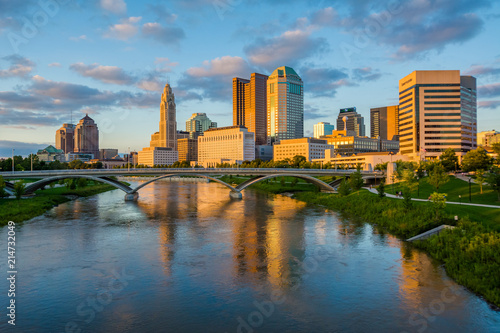 The Scioto River and Columbus skyline at sunset, in Columbus, Ohio.