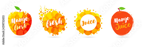 Mango juice label splash set design. Yellow and red drops bubbly logo on white background. Mango, apple and papaya juice design, creative vector illustration