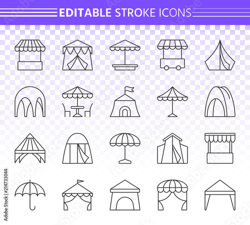 Tent simple black line icons vector set